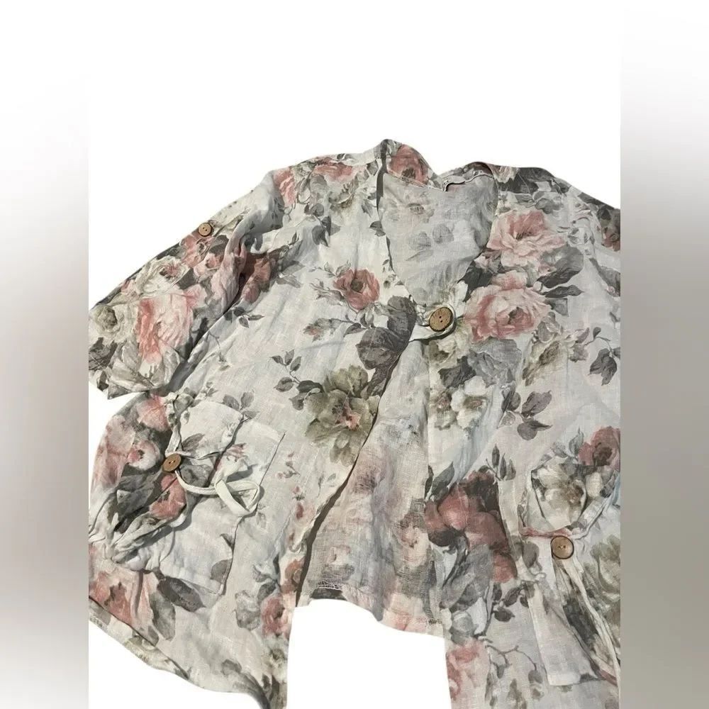 Floral Button-Front Women’s Lightweight Top - Pink & Gray